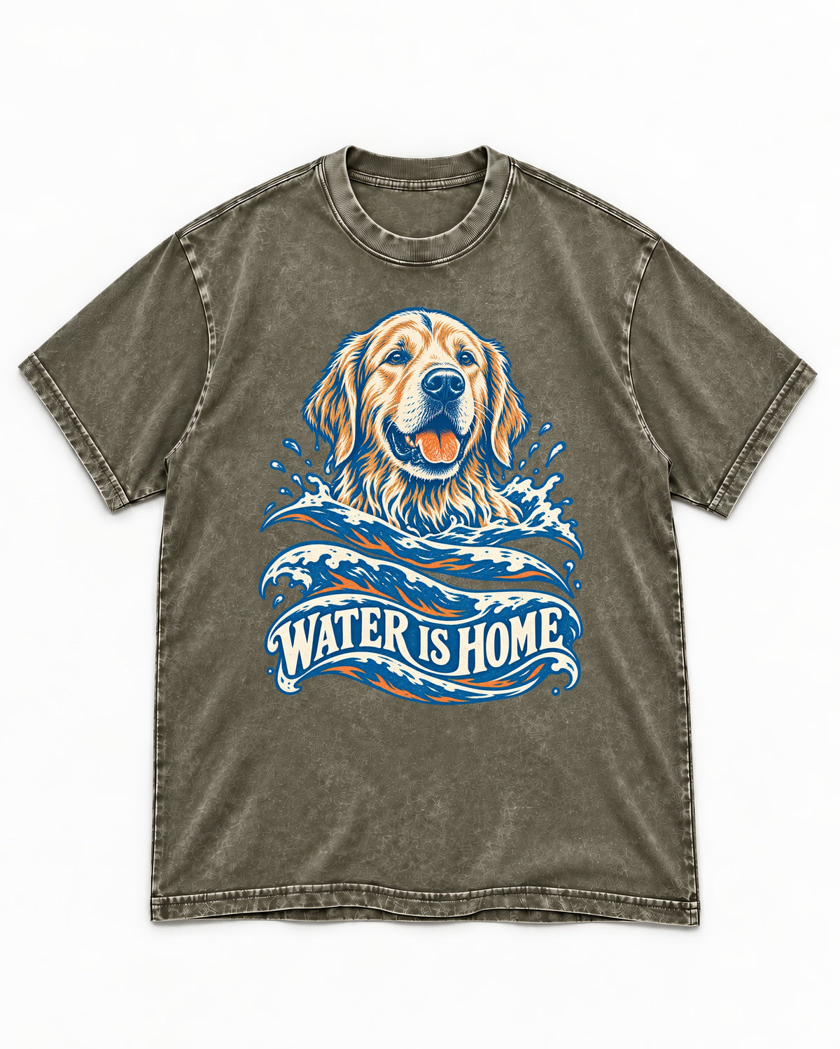 Golden Retriever Water Is Home Ocean Wave Graphic Washed Tee in Army Green, flat lay product photo
