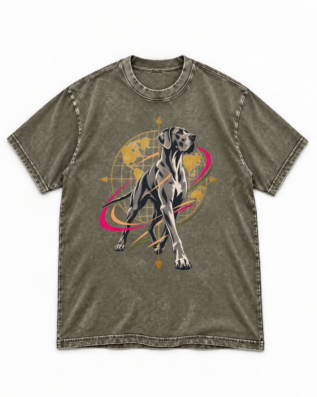 Great Dane Striding Globe Orbit Graphic Washed Tee in Army Green, flat lay product photo