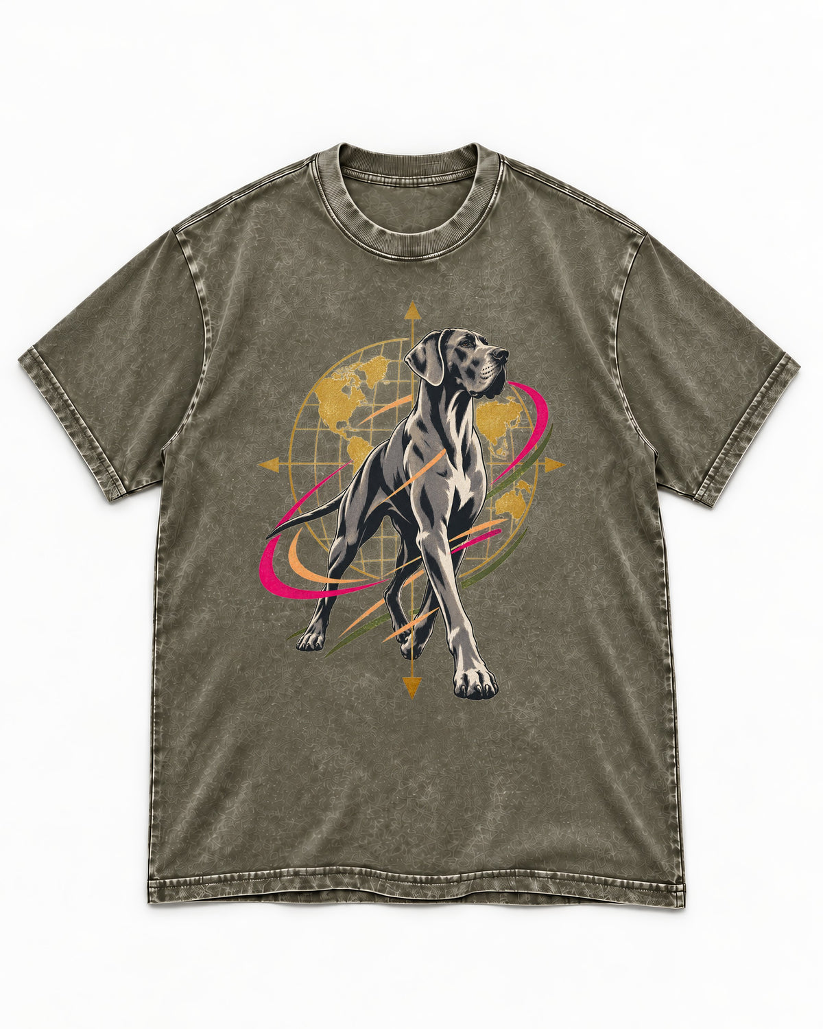 Great Dane Striding Globe Orbit Graphic Washed Tee in Army Green, flat lay product photo