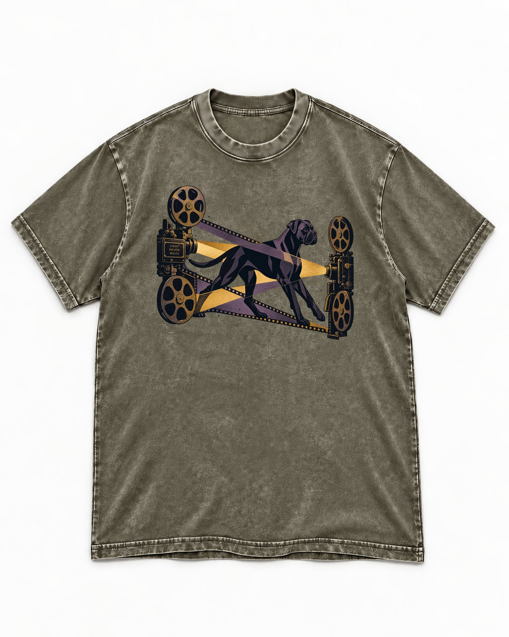 Light Never Waits Boxer Cinema Graphic Washed Tee in Army Green, flat lay product photo