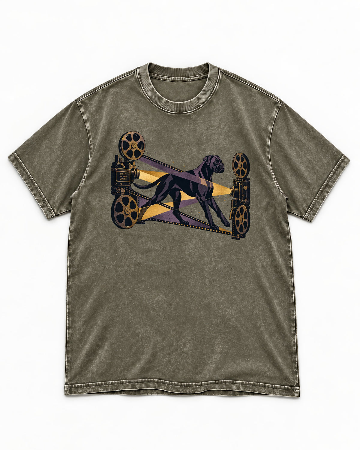 Light Never Waits Boxer Cinema Graphic Washed Tee in Army Green, flat lay product photo