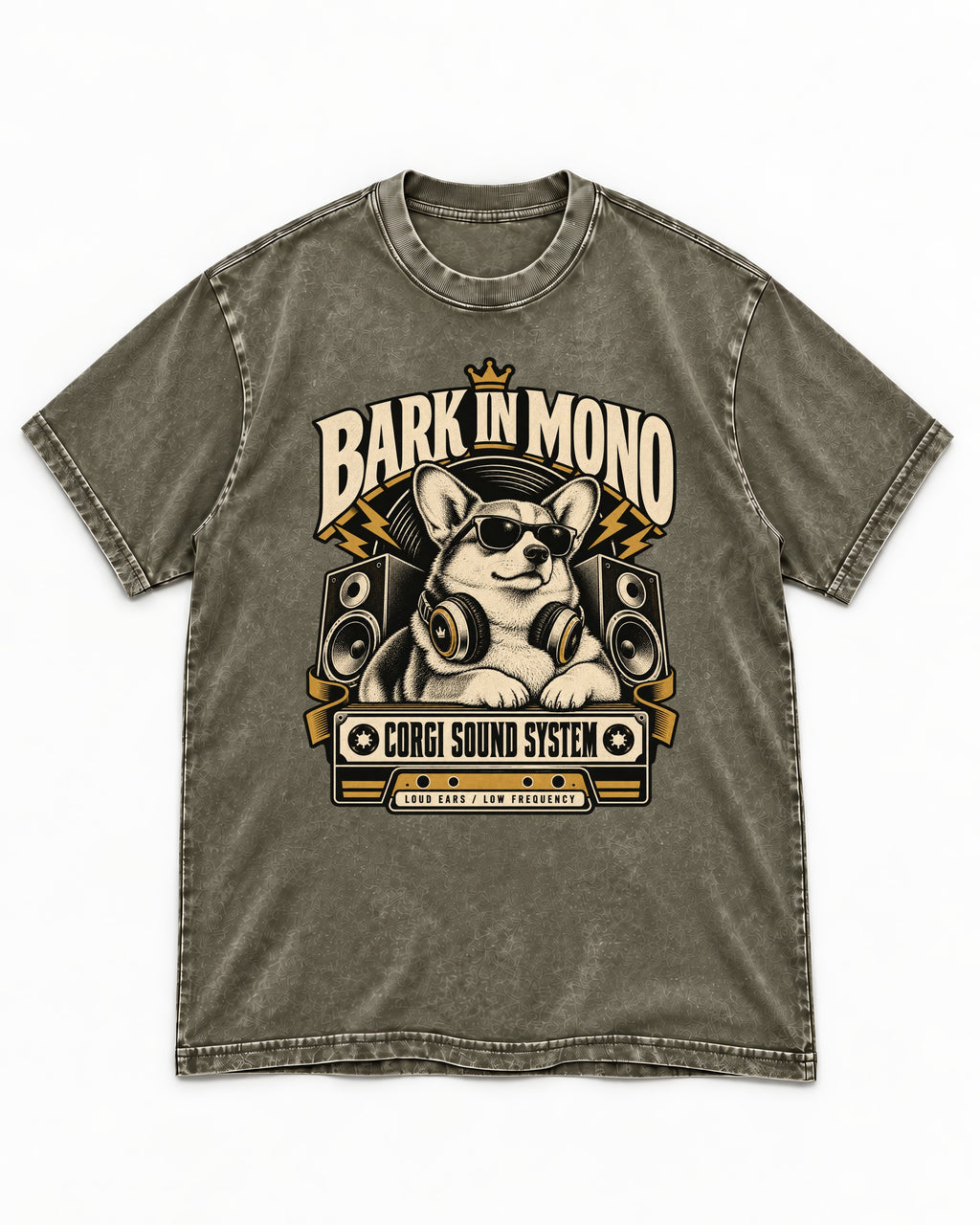 Corgi Bark in Mono Sound System Washed Tee in Army Green, flat lay product photo