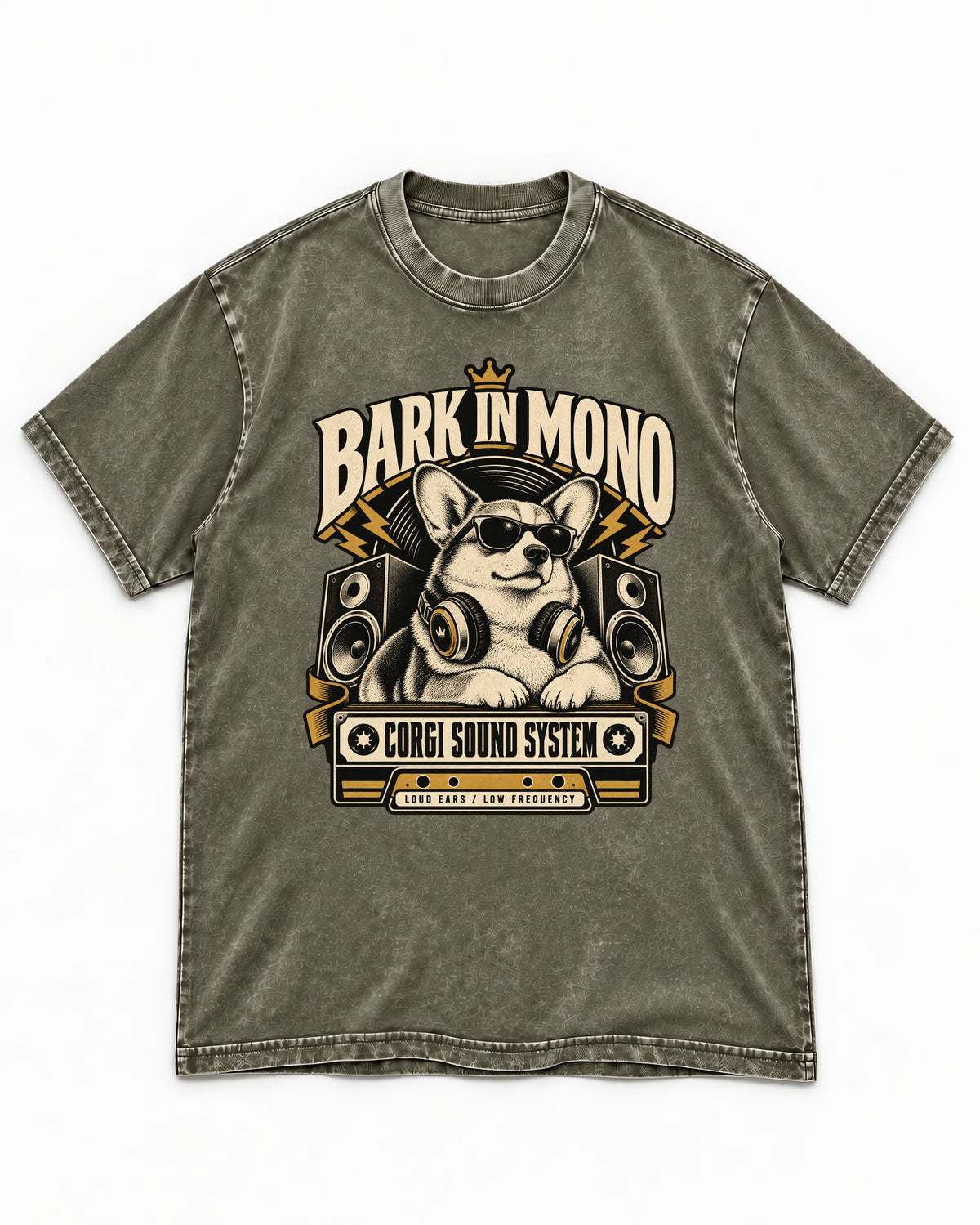 Corgi Bark in Mono Sound System Washed Tee in Army Green, flat lay product photo