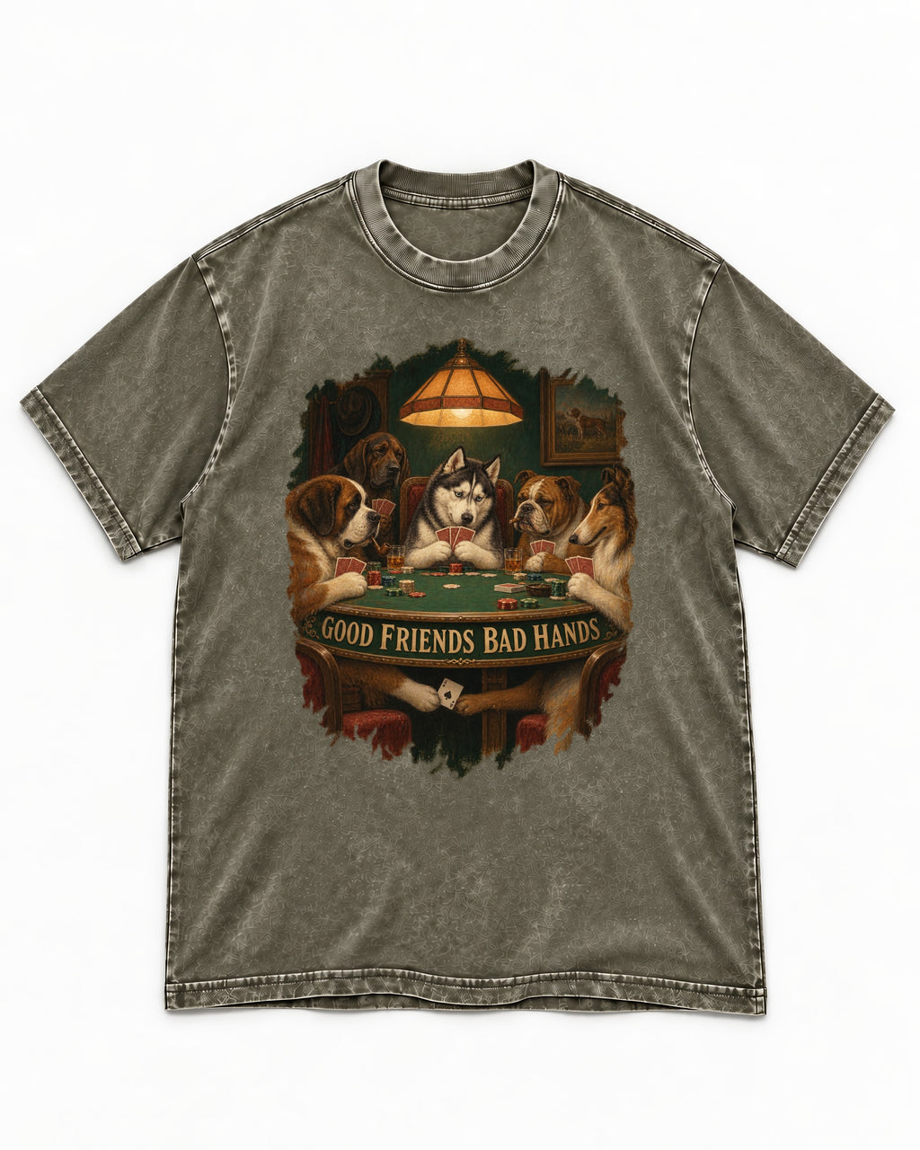 Husky Good Friends Bad Hands Poker Night Graphic Washed Tee in Army Green, flat lay product photo