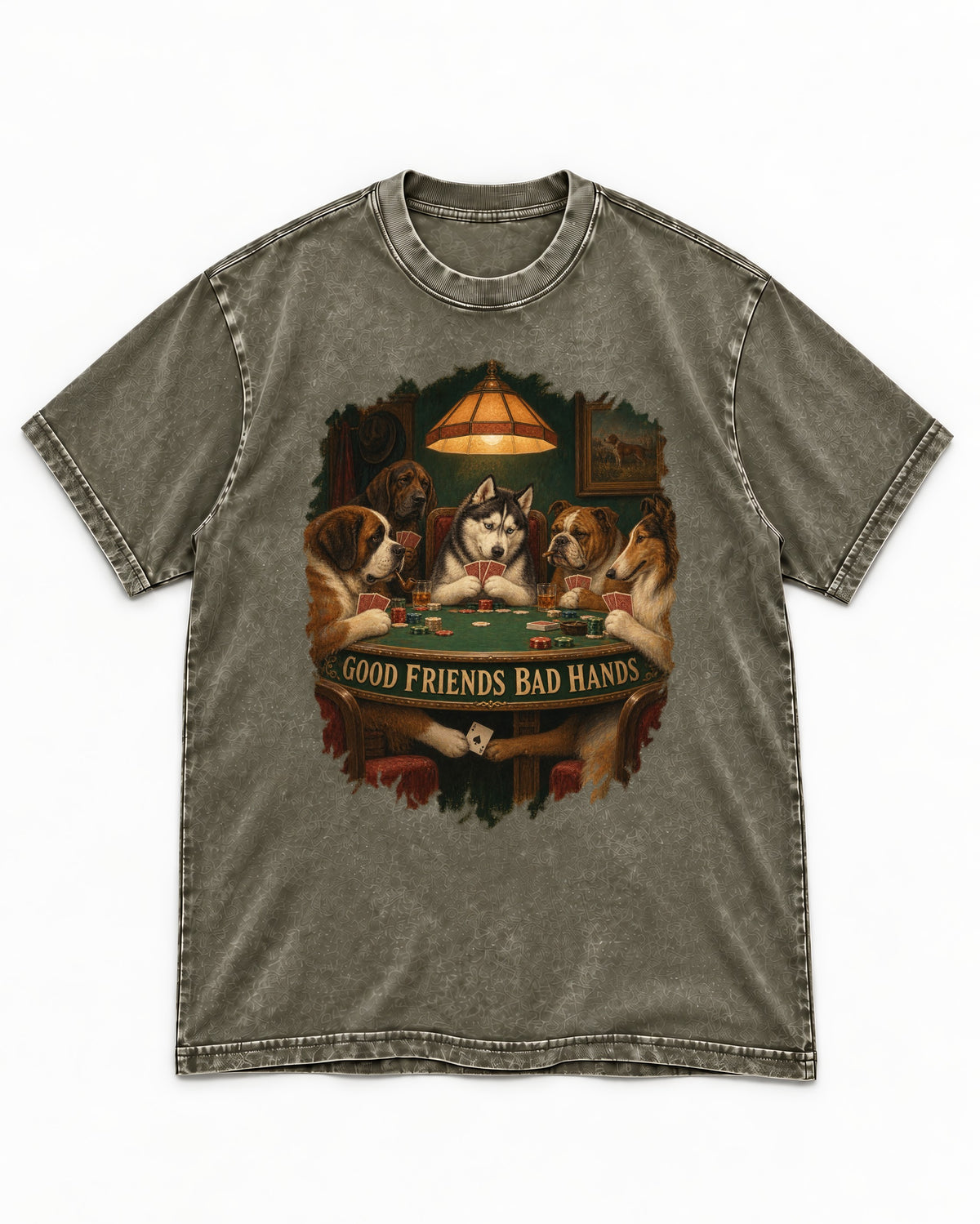 Husky Good Friends Bad Hands Poker Night Graphic Washed Tee in Army Green, flat lay product photo