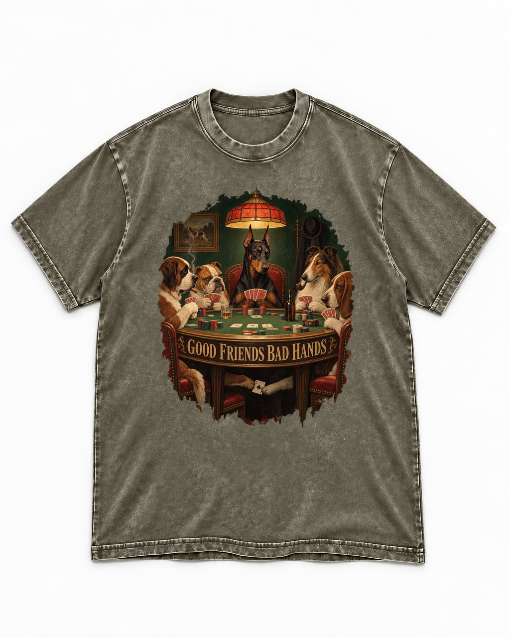Doberman Good Friends Bad Hands Poker Night Graphic Washed Tee in Army Green, flat lay product photo