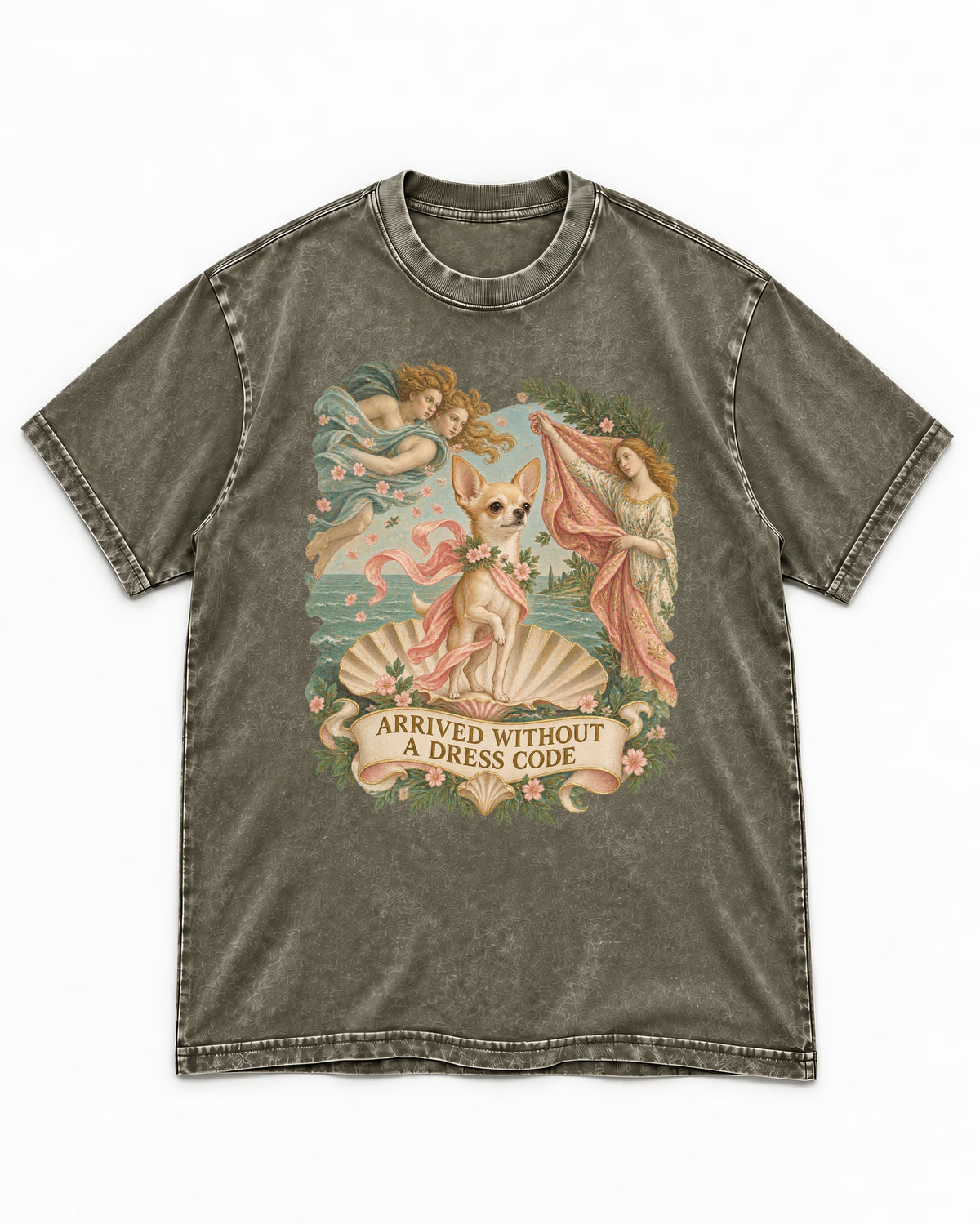 Chihuahua Arrived Without a Dress Code Classical Shell Scene Washed Tee in Army Green, flat lay product photo