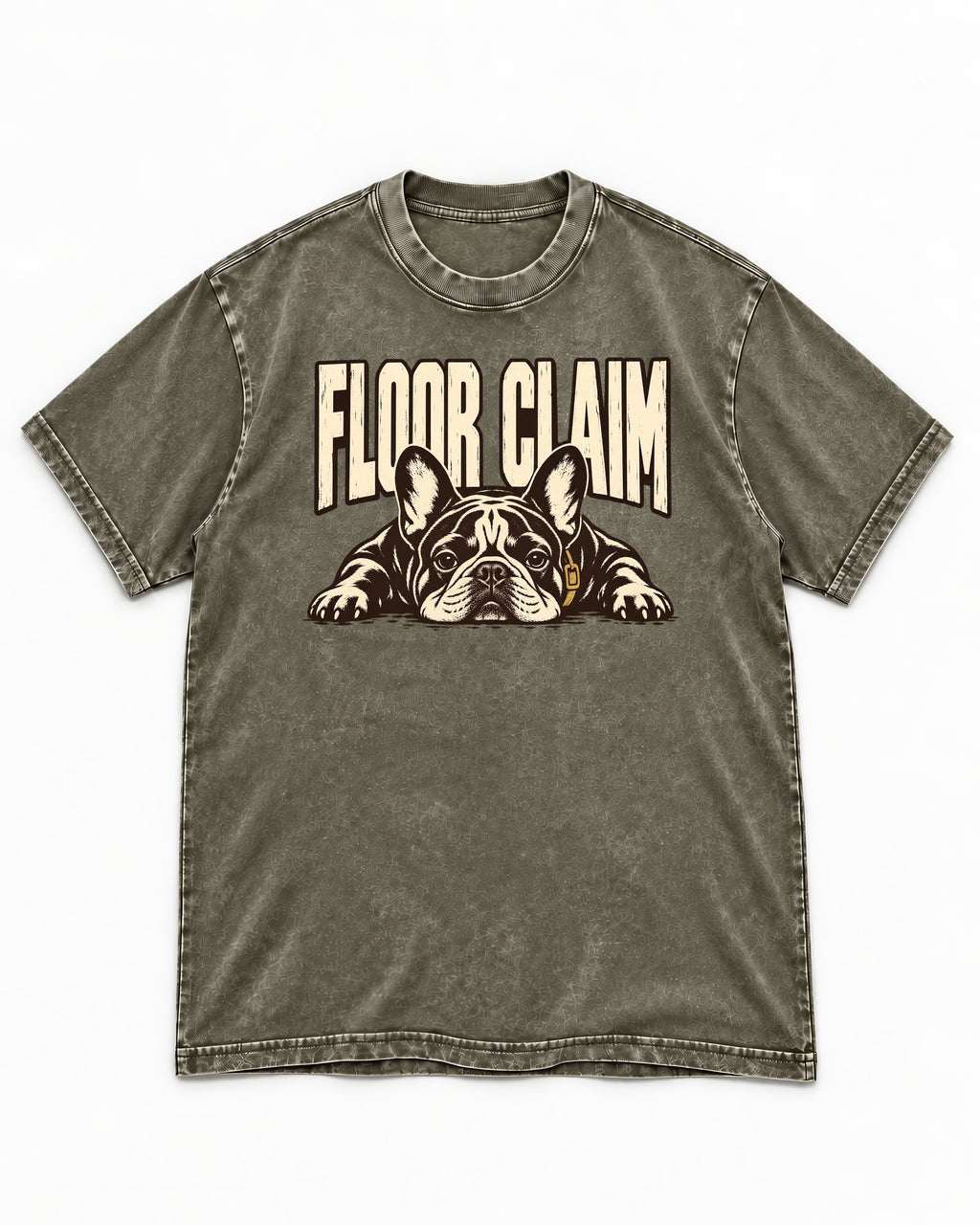 Frenchie Floor Claim Resting Graphic Washed Tee in Army Green, flat lay product photo