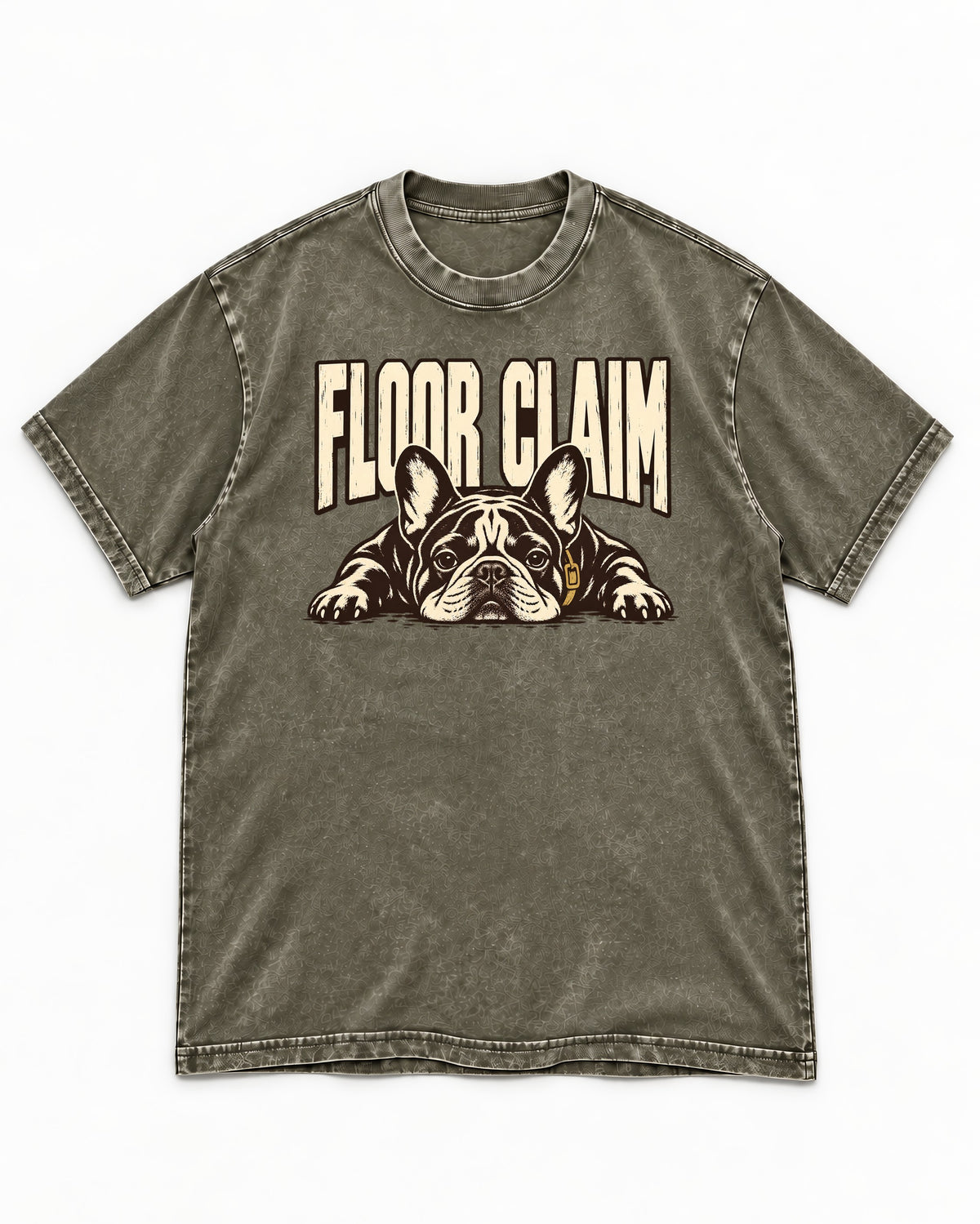 Frenchie Floor Claim Resting Graphic Washed Tee in Army Green, flat lay product photo