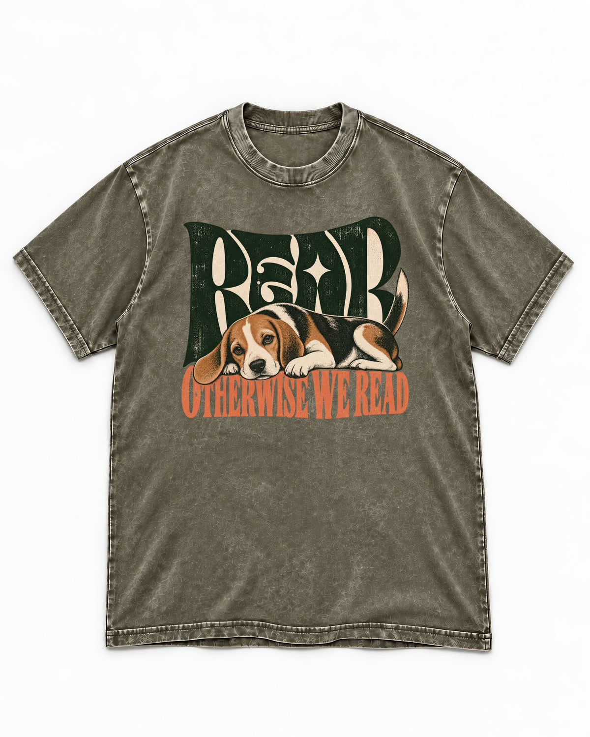 Beagle Read Otherwise We Read Retro Graphic Washed Tee in Army Green, flat lay product photo