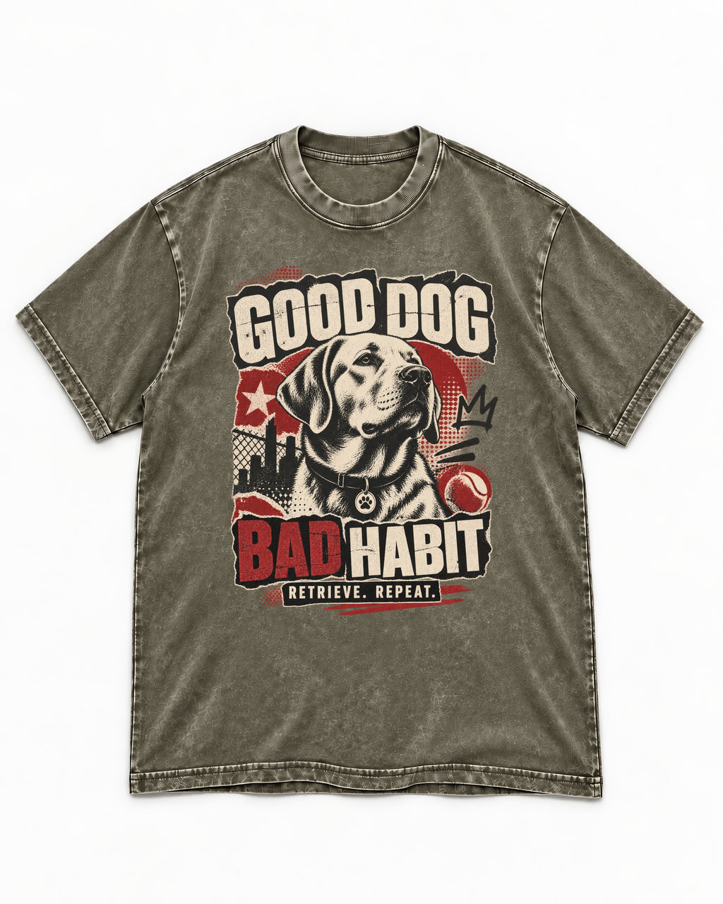 Labrador Retriever Good Dog Bad Habit Poster Graphic Washed Tee in Army Green, flat lay product photo