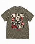 Labrador Retriever Good Dog Bad Habit Poster Graphic Washed Tee in Army Green, flat lay product photo