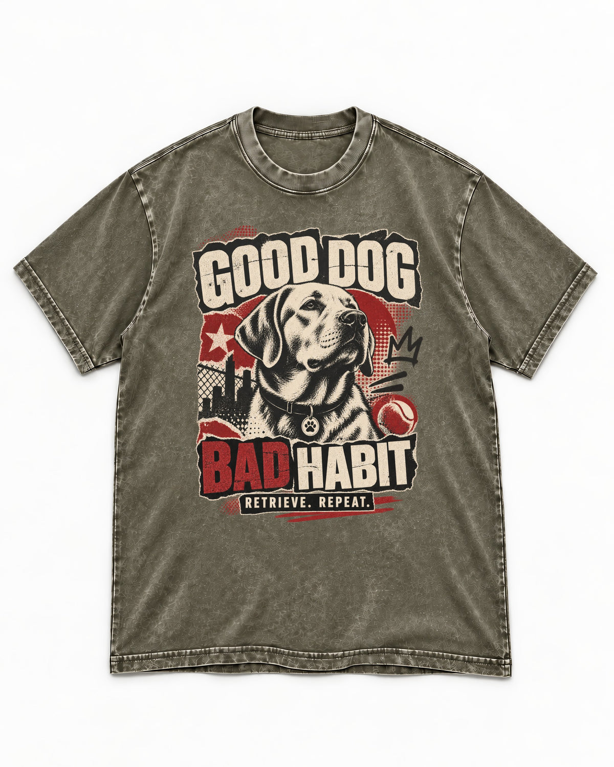Labrador Retriever Good Dog Bad Habit Poster Graphic Washed Tee in Army Green, flat lay product photo