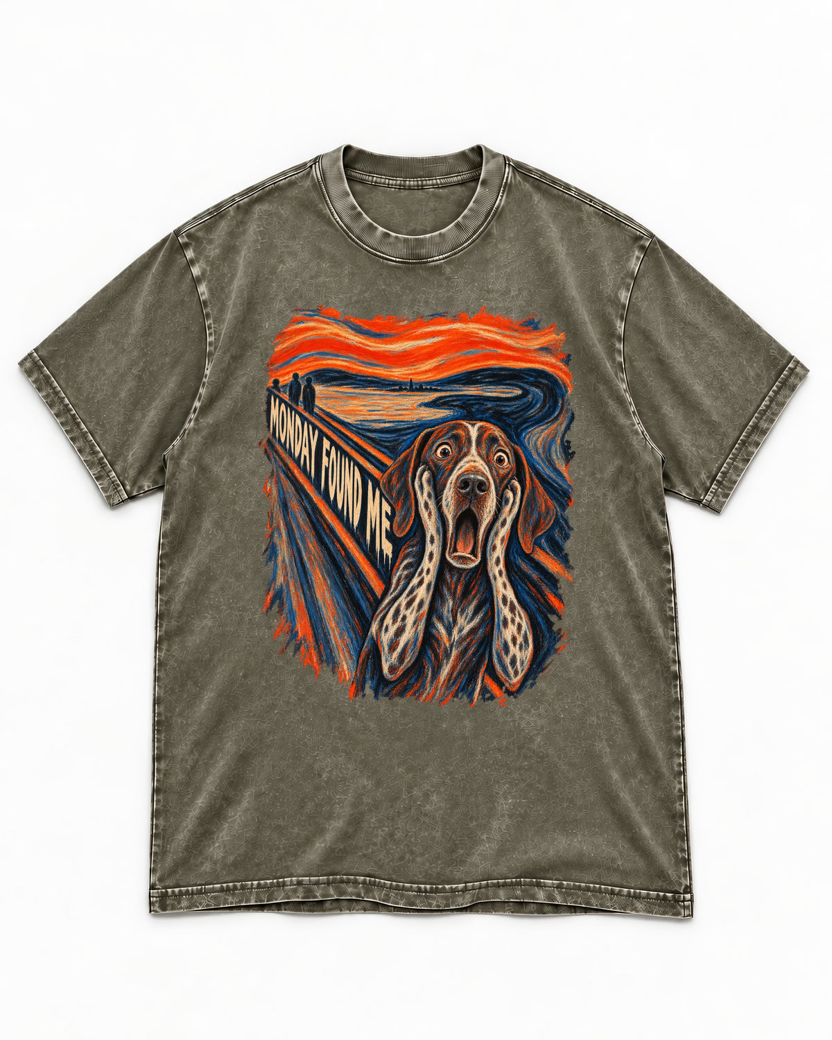 German Shorthaired Pointer Monday Found Me Scream Parody Graphic Washed Tee in Army Green, flat lay product photo