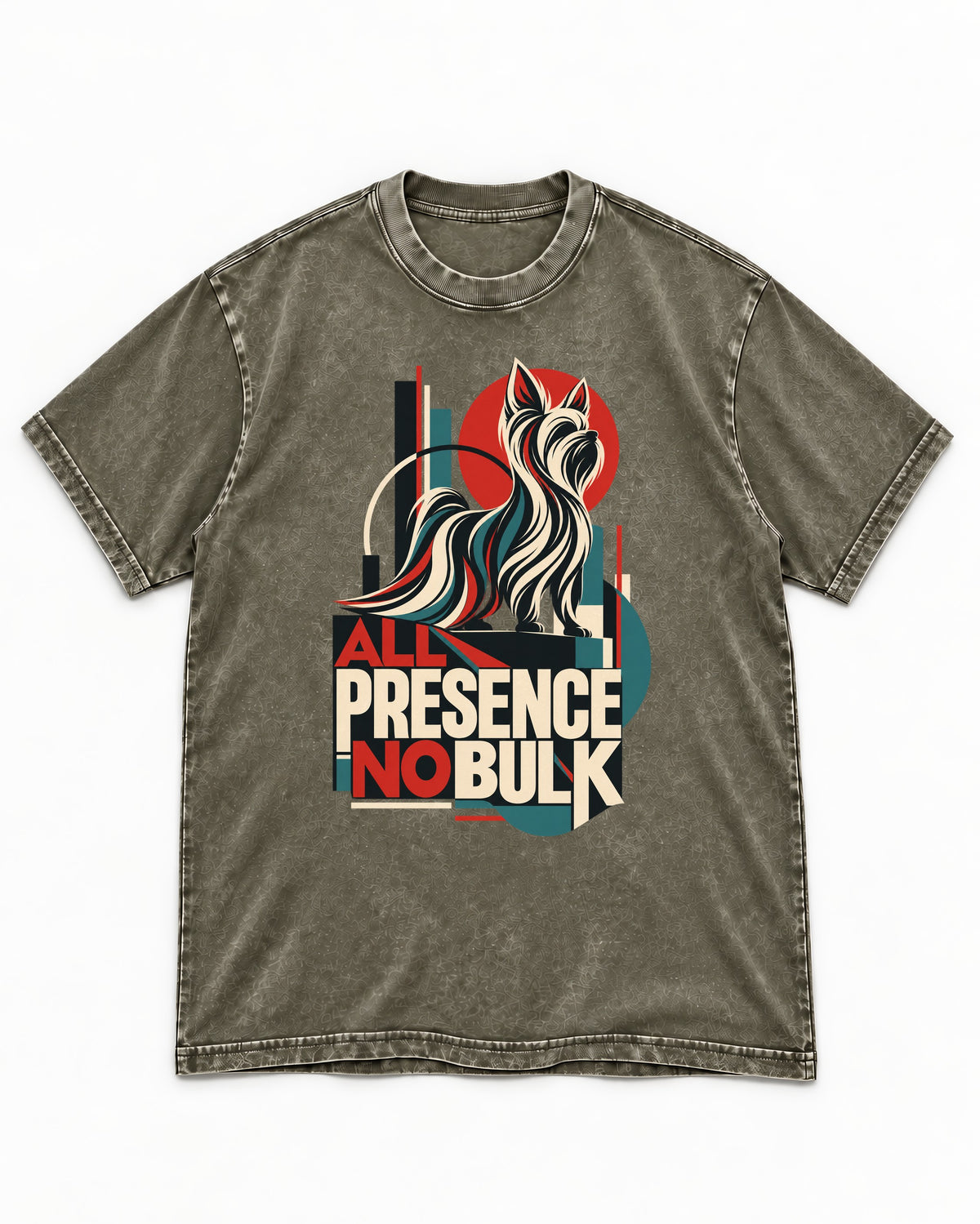 Yorkshire Terrier All Presence No Bulk Geometric Portrait Graphic Washed Tee in Army Green, flat lay product photo
