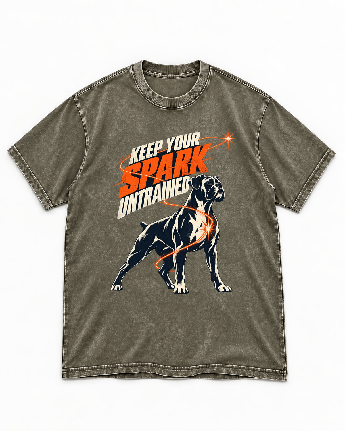 Boxer Keep Your Spark Untrained Washed Tee in Army Green, flat lay product photo