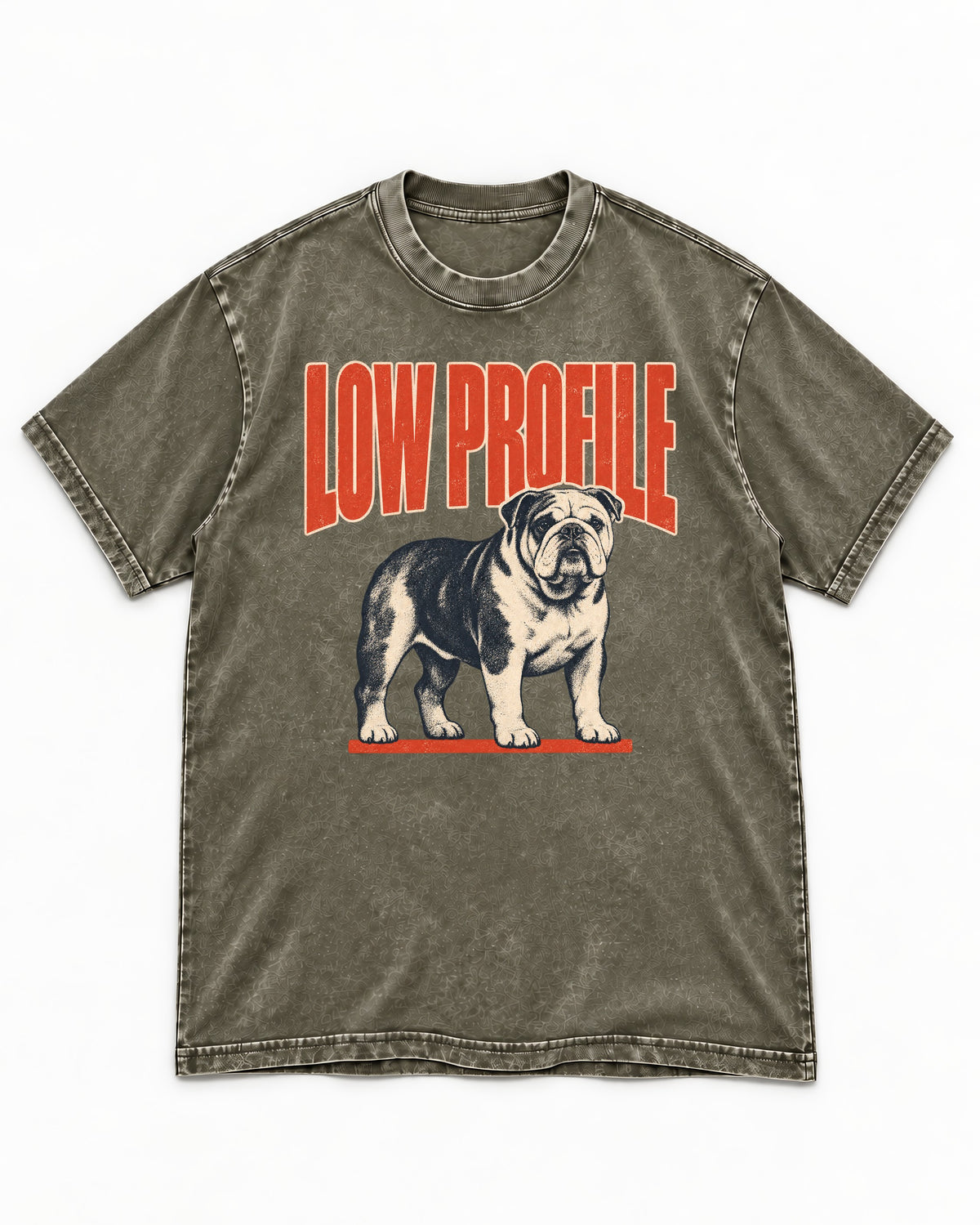 English Bulldog Low Profile Standing Graphic Washed Tee in Army Green, flat lay product photo