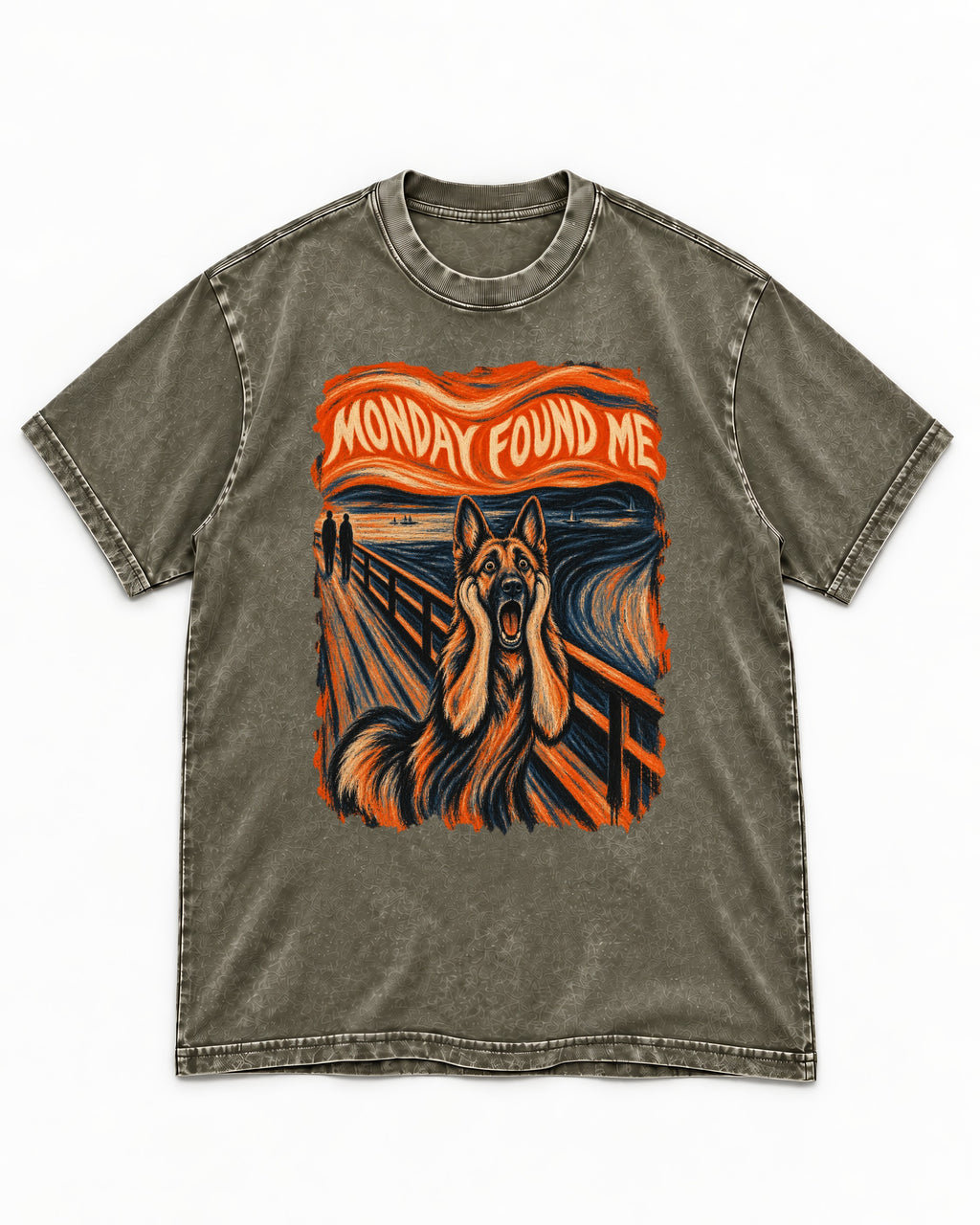 German Shepherd Dog Monday Found Me Scream Graphic Washed Tee in Army Green, flat lay product photo