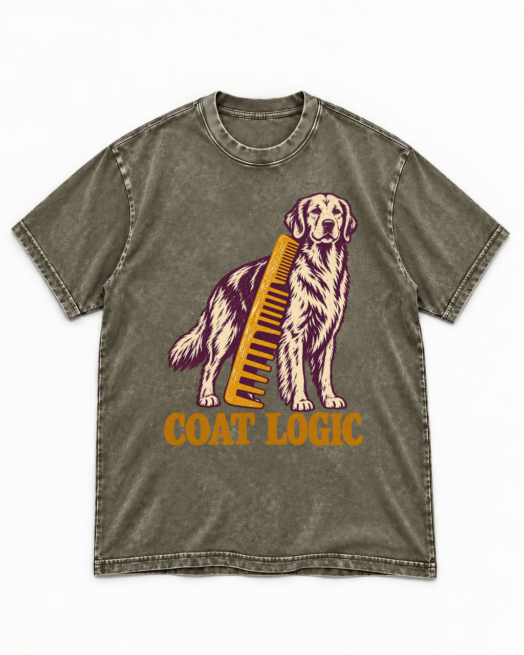 Golden Retriever Coat Logic Grooming Gauge Graphic Washed Tee in Army Green, flat lay product photo