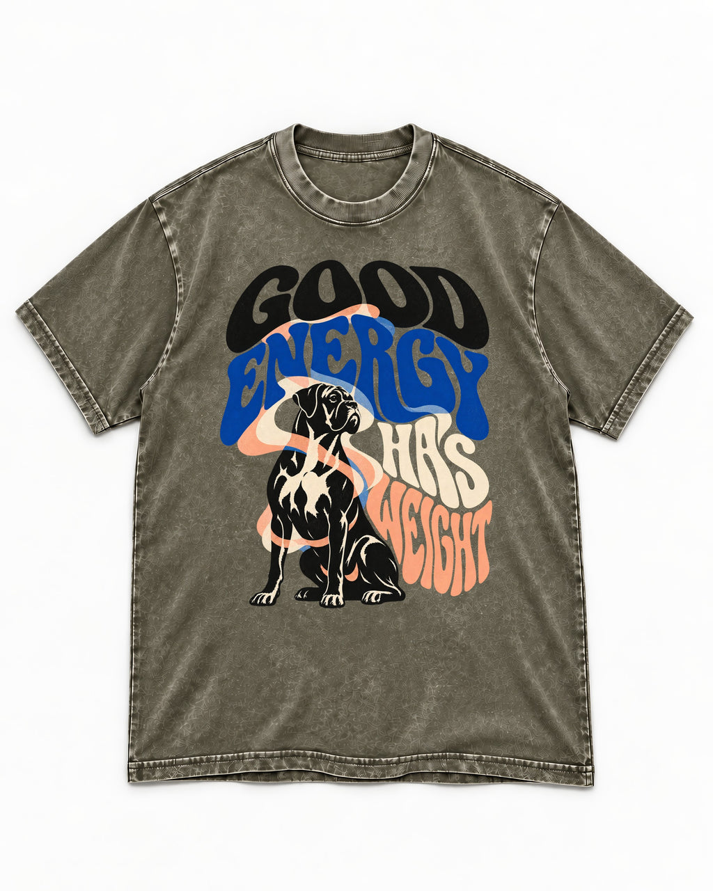 Good Energy Has Weight Boxer Retro Typography Washed Tee in Army Green, flat lay product photo