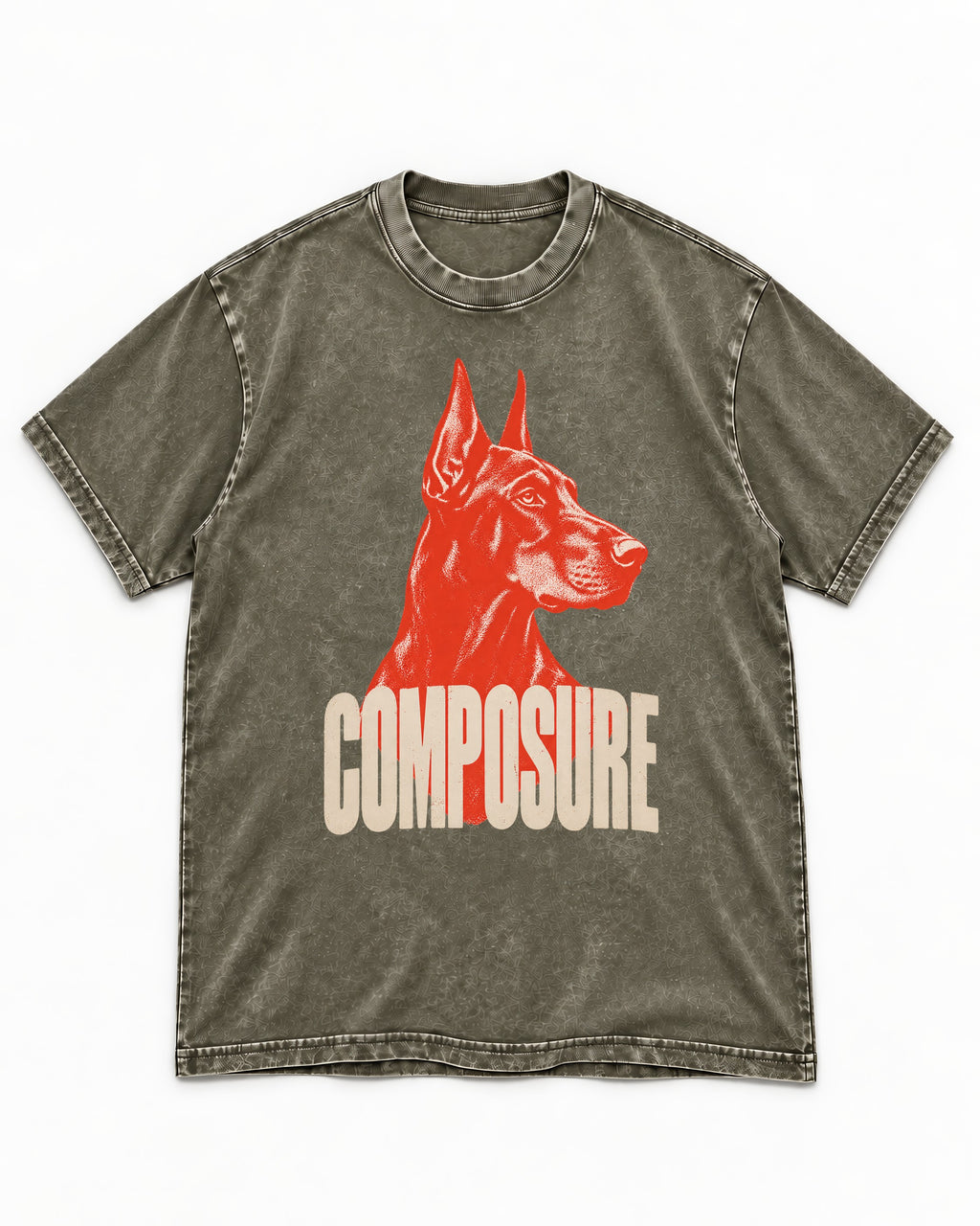 Doberman Composure Portrait Graphic Washed Tee in Army Green, flat lay product photo
