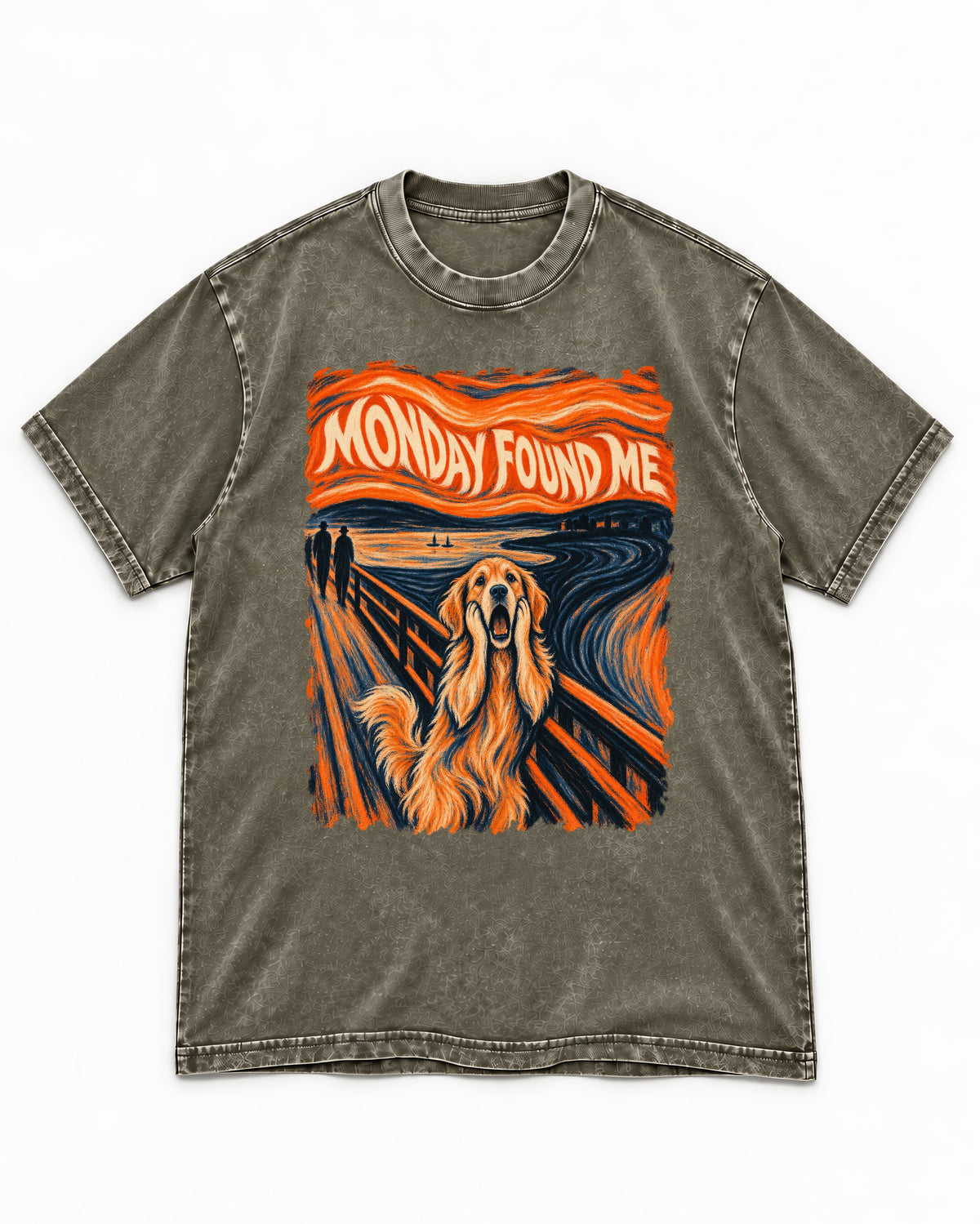Monday Found Me Scream Golden Retriever Graphic Washed Tee in Army Green, flat lay product photo
