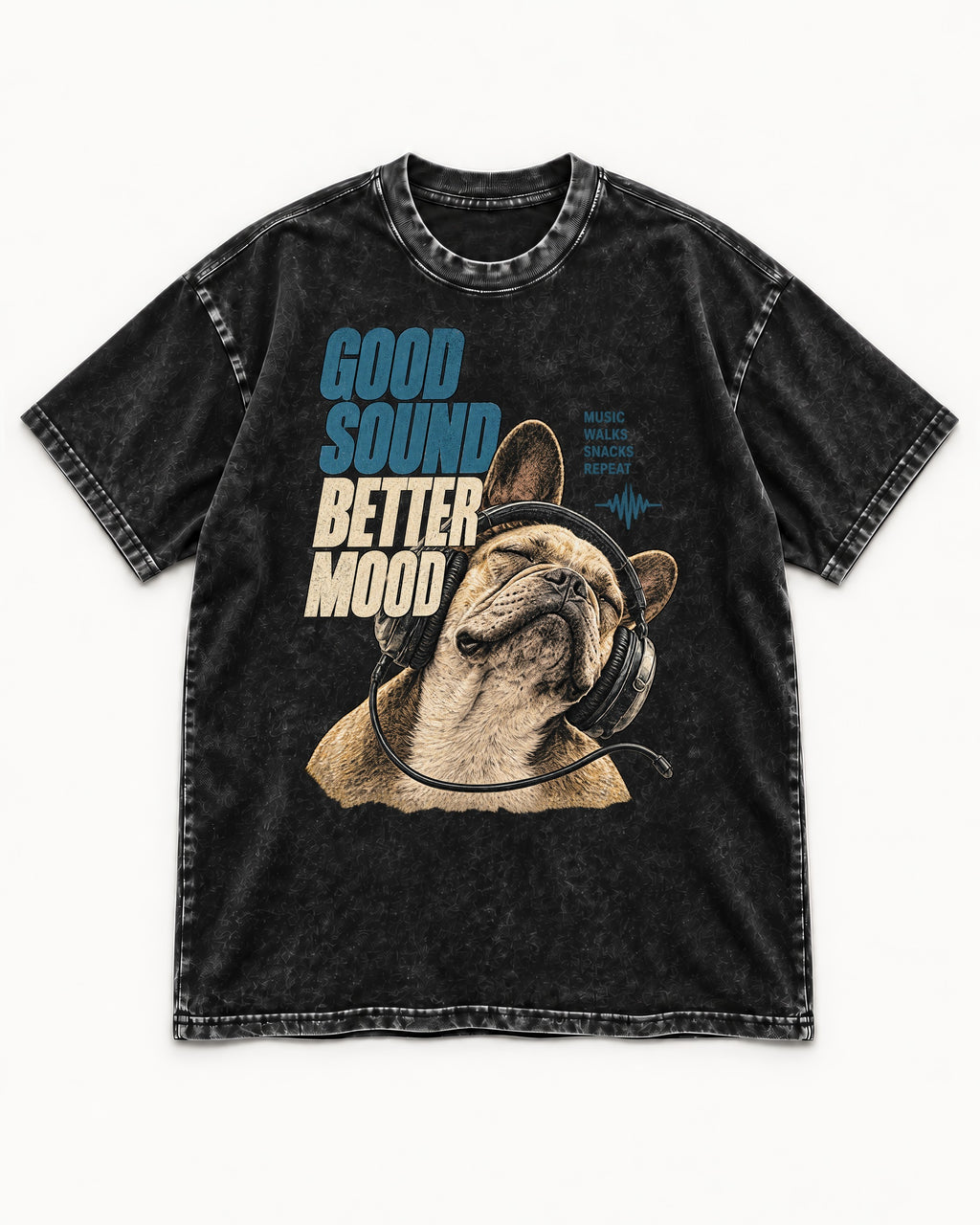 Frenchie Keep Your Angle Geometric Graphic Washed Tee in Black, flat lay product photo