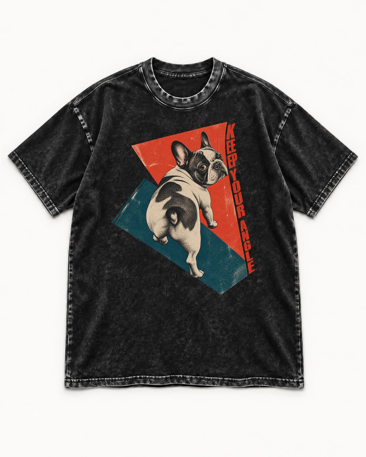 Frenchie Keep Your Angle Geometric Graphic Washed Tee in Black, flat lay product photo