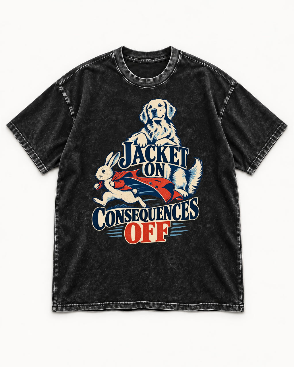 Golden Retriever Jacket On Consequences Off Rabbit Chase Graphic Washed Tee in Black, flat lay product photo