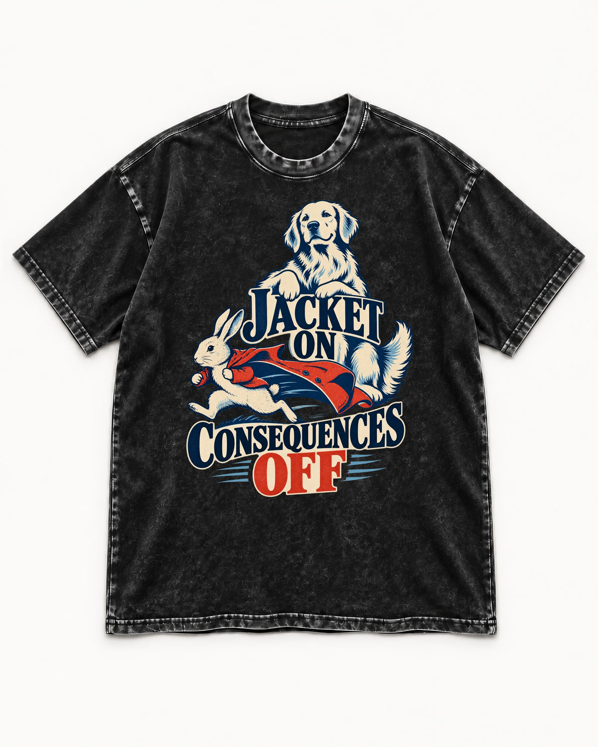 Golden Retriever Jacket On Consequences Off Rabbit Chase Graphic Washed Tee in Black, flat lay product photo