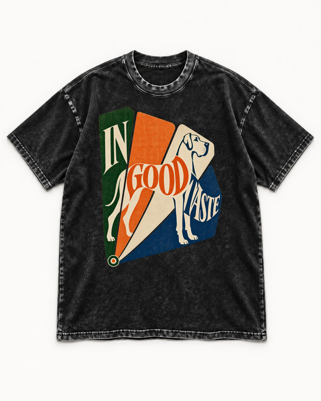 Great Dane In Good Taste Color Fan Graphic Washed Tee in Black, flat lay product photo