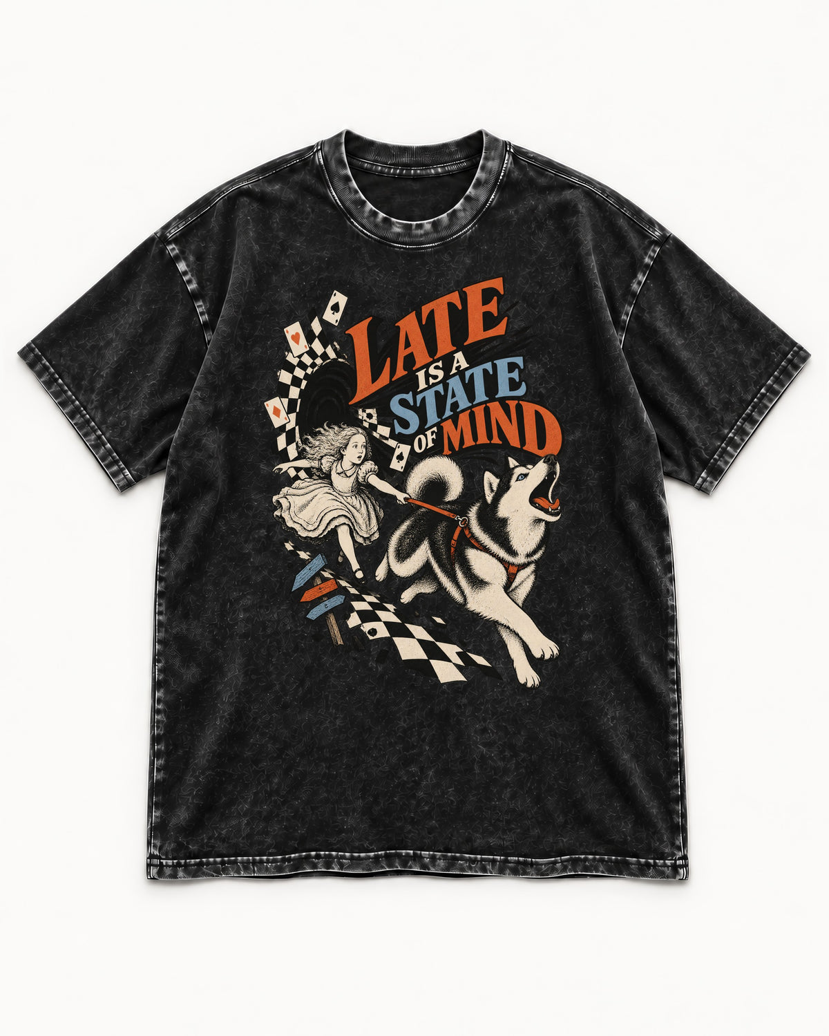 Husky Late Is a State of Mind Wonderland Chase Graphic Washed Tee in Black, flat lay product photo
