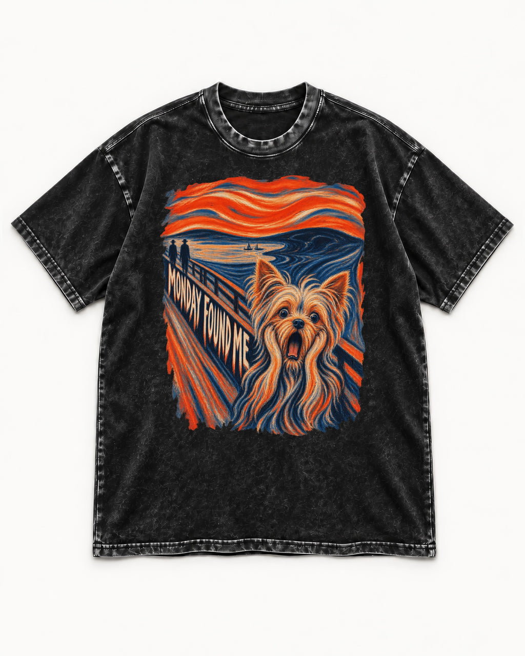 Yorkshire Terrier Monday Found Me Scream Parody Graphic Washed Tee in Black, flat lay product photo