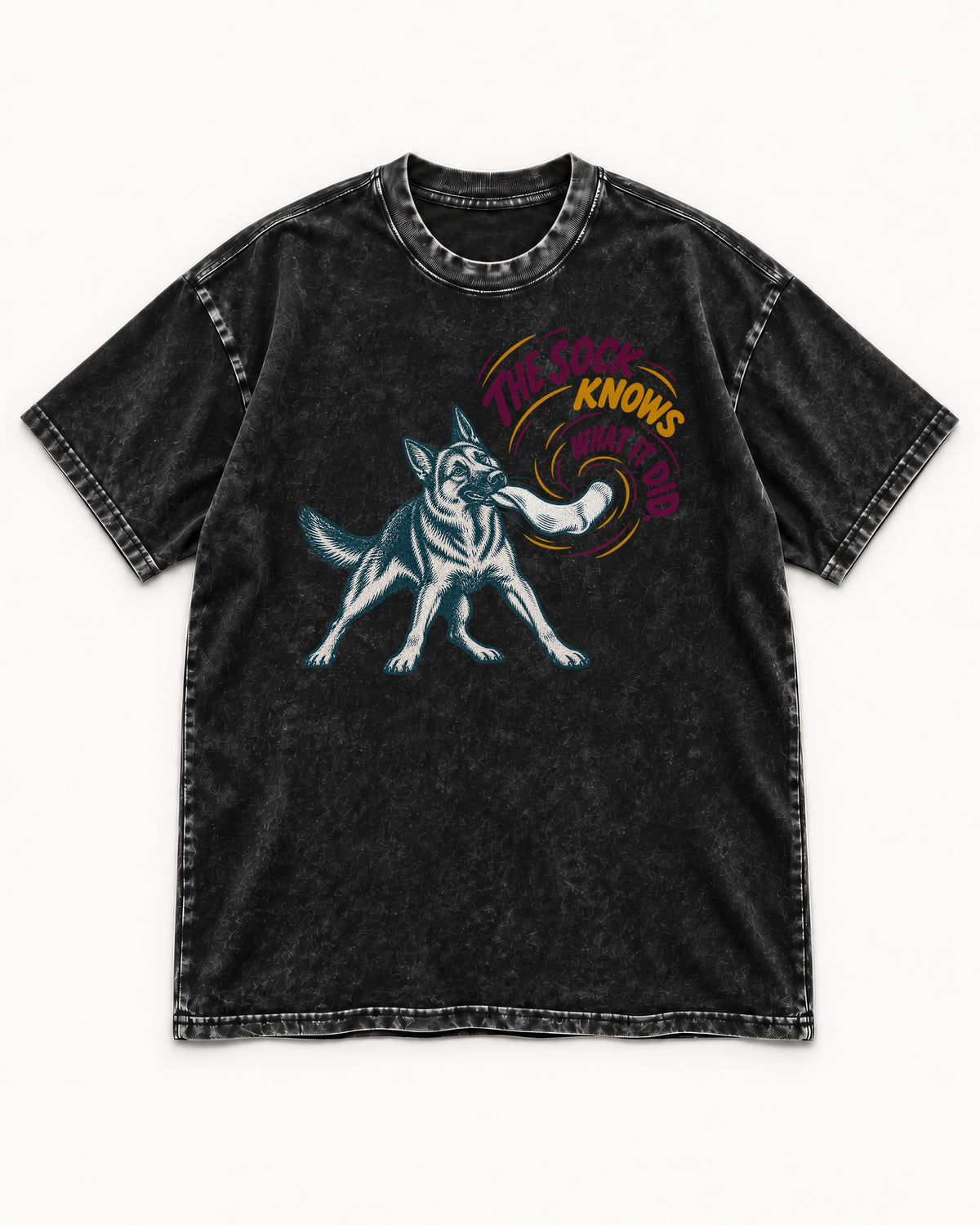 German Shepherd Dog The Sock Knows What I Did Graphic Washed Tee in Black, flat lay product photo