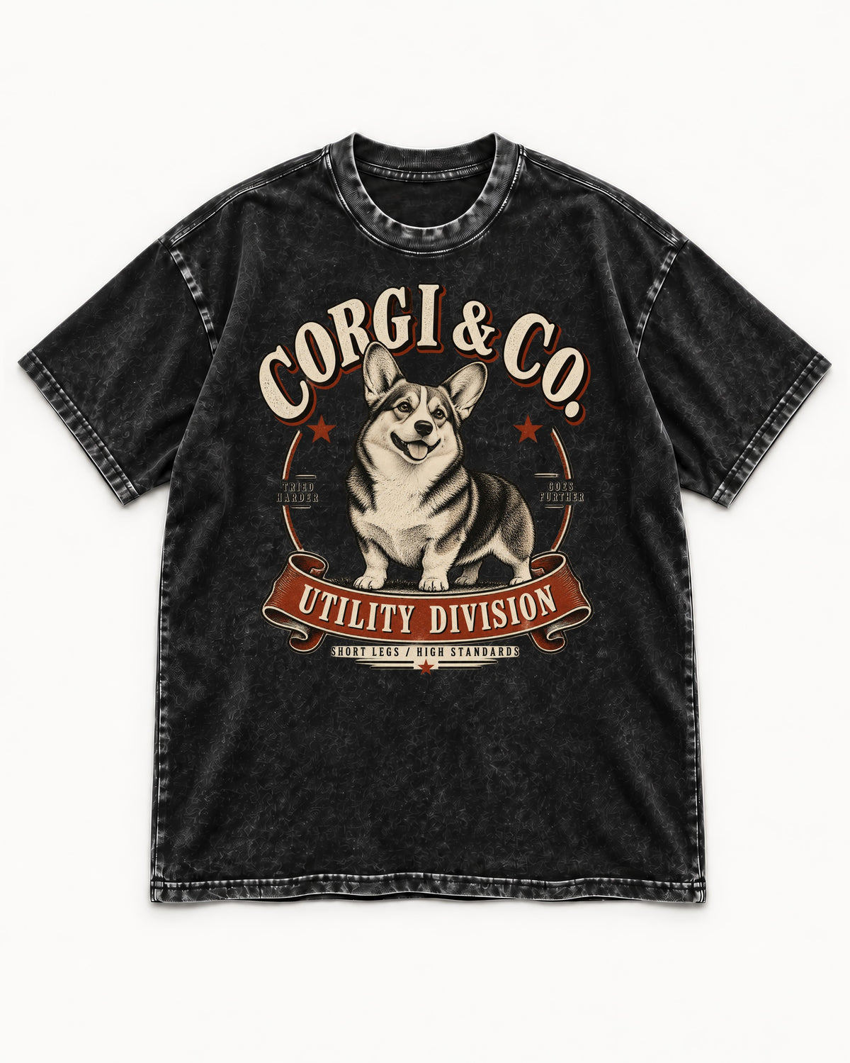 Corgi and Co Utility Division Emblem Washed Tee in Black, flat lay product photo