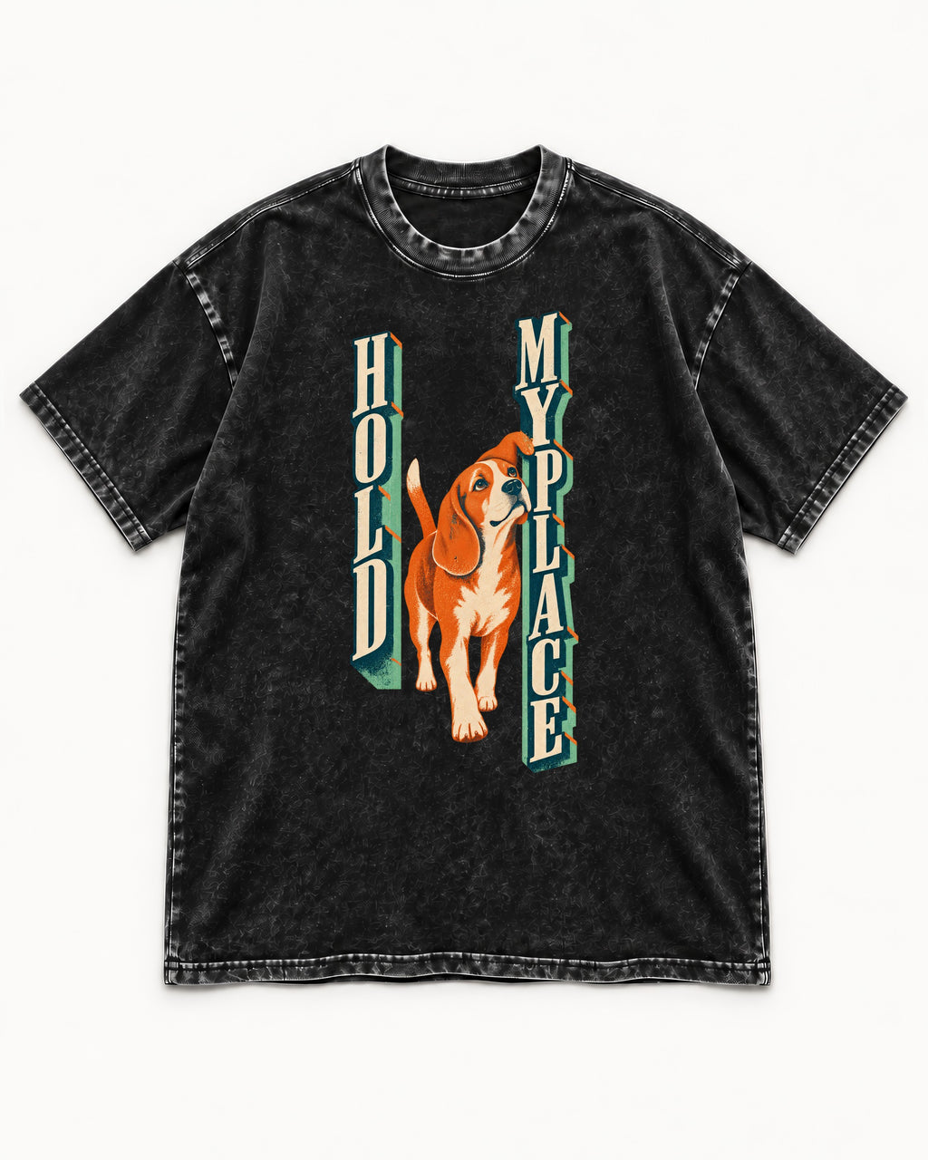 Vintage Beagle Hold My Place Washed Tee in Black, flat lay product photo