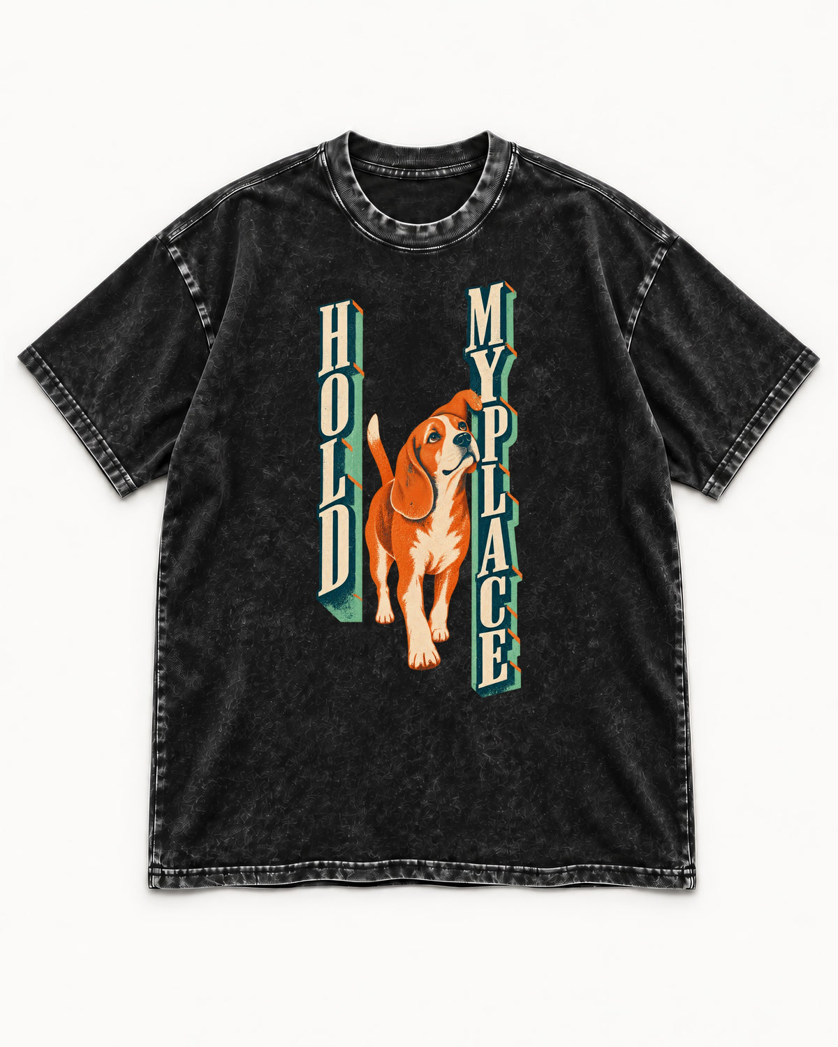 Vintage Beagle Hold My Place Washed Tee in Black, flat lay product photo
