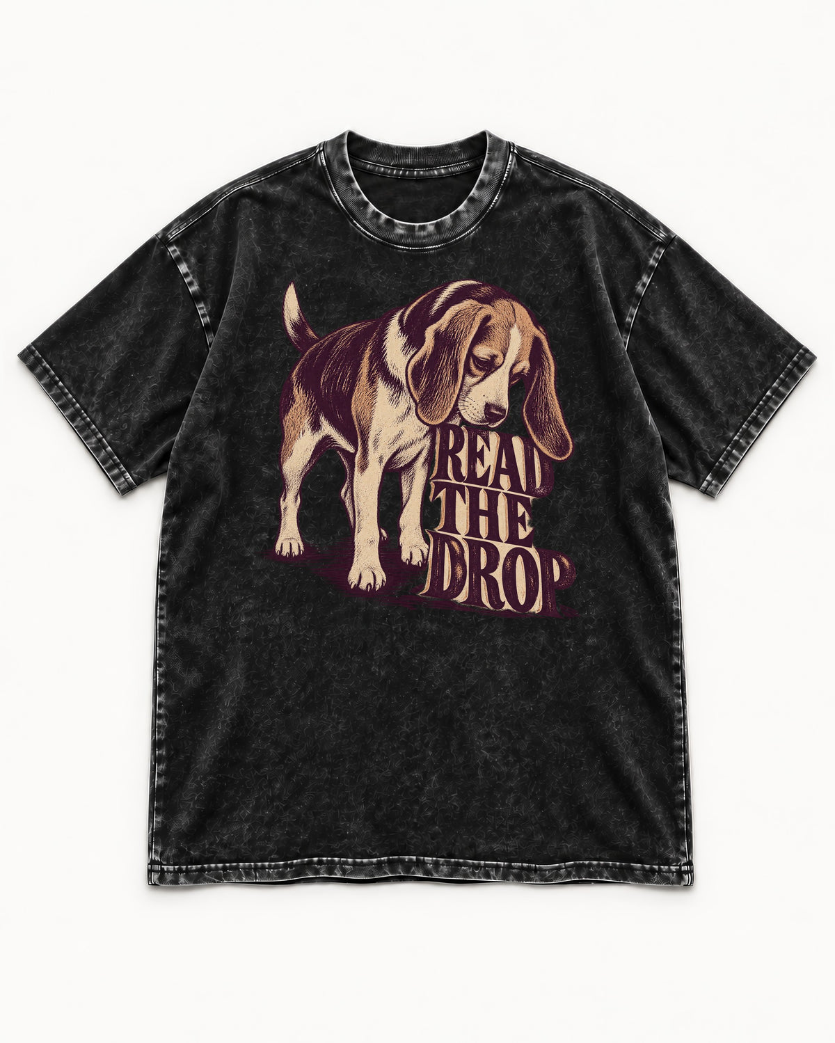 Beagle Read The Drop Washed Tee in Black, flat lay product photo