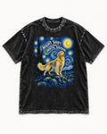 Night Shift Orbital Division Starry Night Golden Retriever Graphic Washed Tee in Black, flat lay product photo