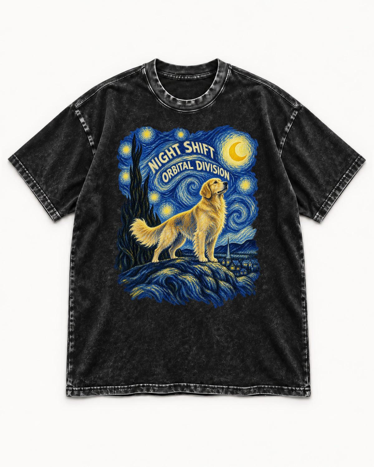Night Shift Orbital Division Starry Night Golden Retriever Graphic Washed Tee in Black, flat lay product photo