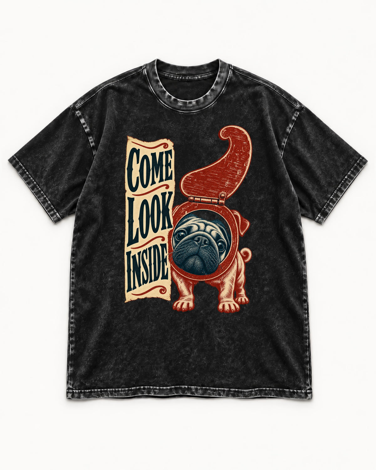 Pug Come Look Inside Toilet Seat Graphic Washed Tee in Black, flat lay product photo
