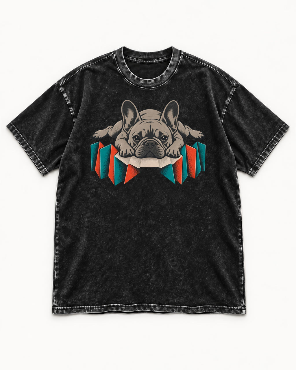 Frenchie Sploot Press Graphic Washed Tee in Black, flat lay product photo