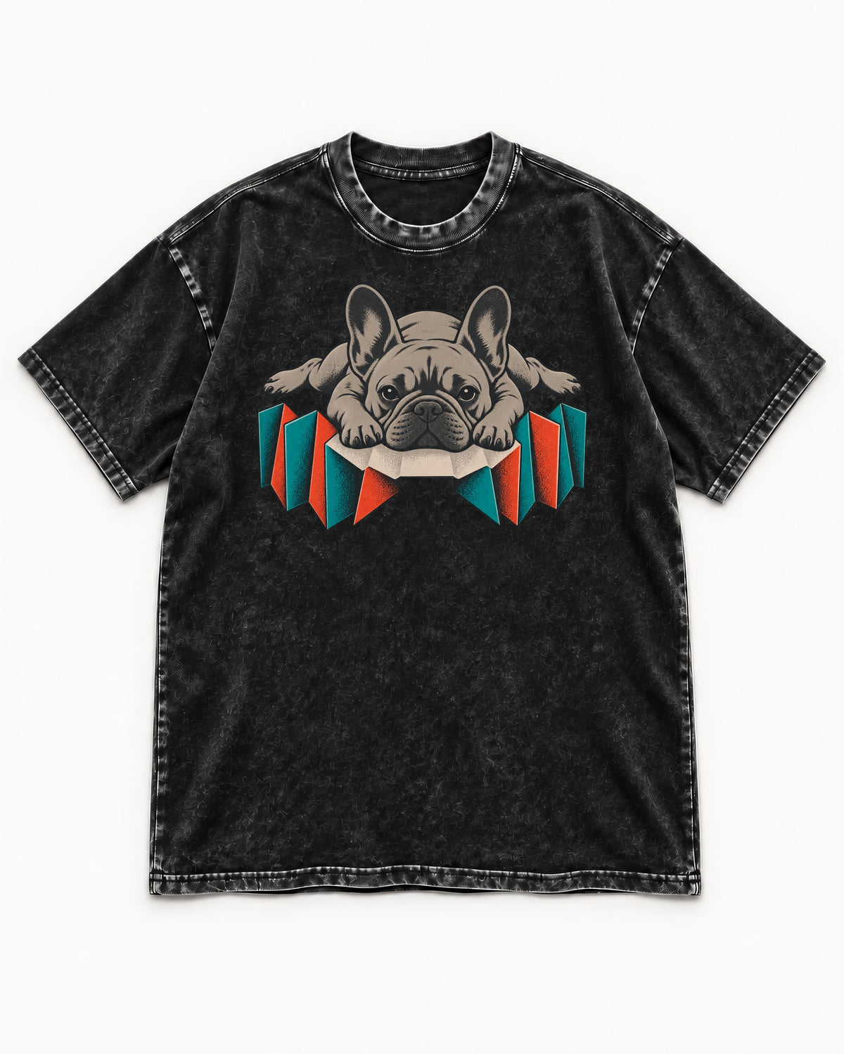 Frenchie Sploot Press Graphic Washed Tee in Black, flat lay product photo