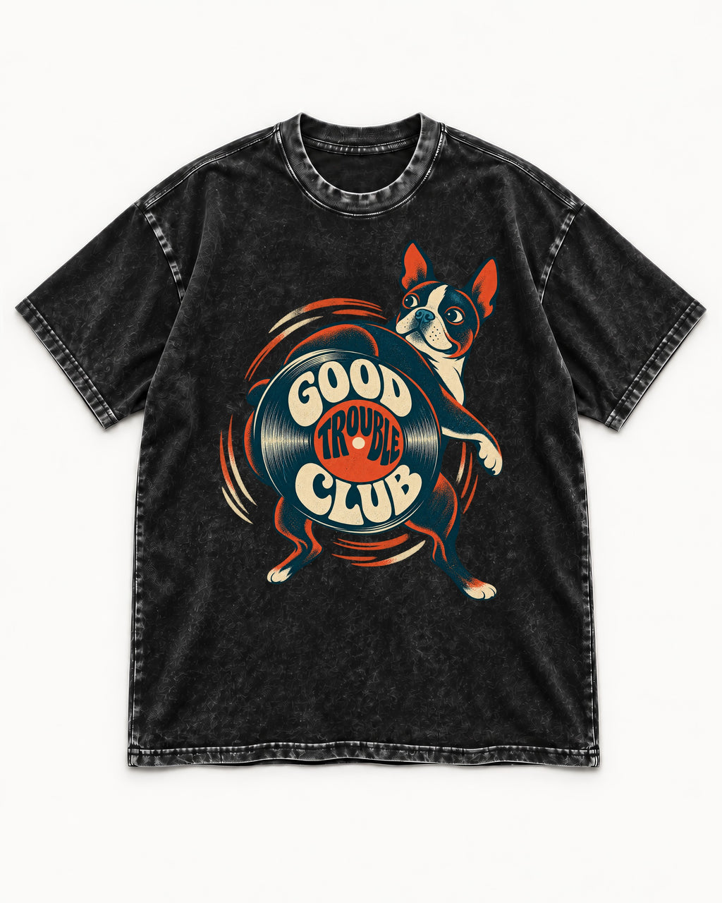 Good Trouble Club Boston Terrier Washed Tee in Black, flat lay product photo