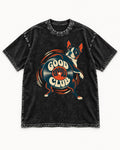 Good Trouble Club Boston Terrier Washed Tee in Black, flat lay product photo