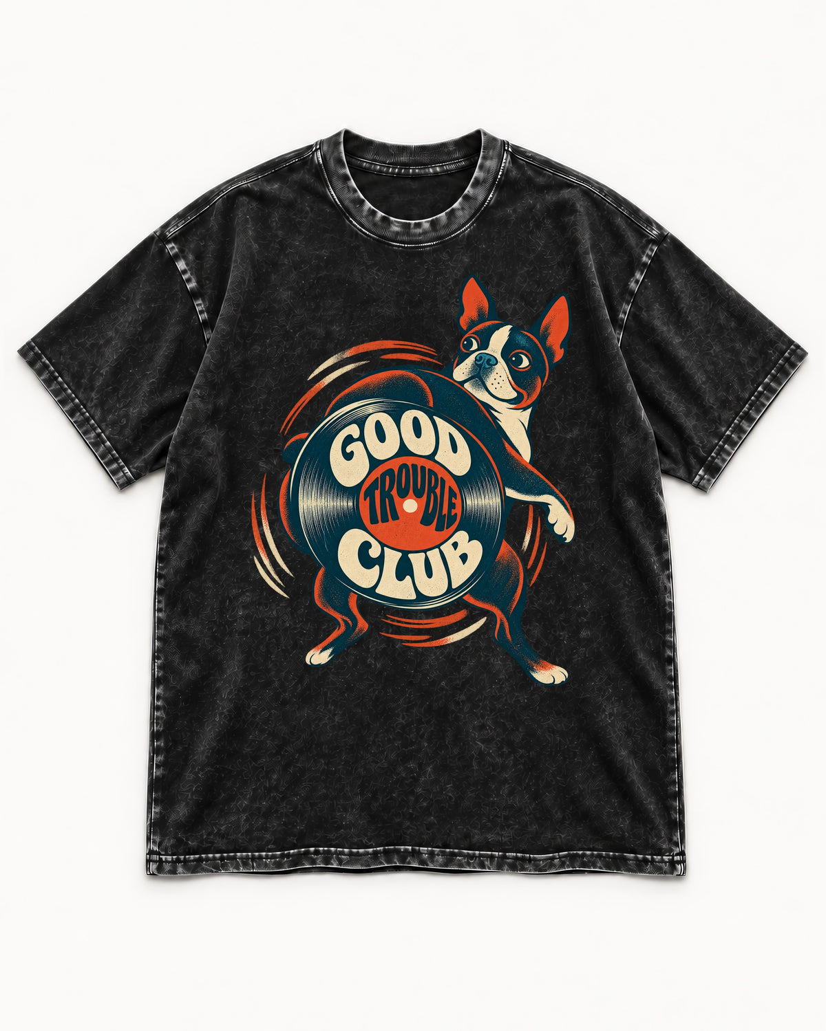 Good Trouble Club Boston Terrier Washed Tee in Black, flat lay product photo