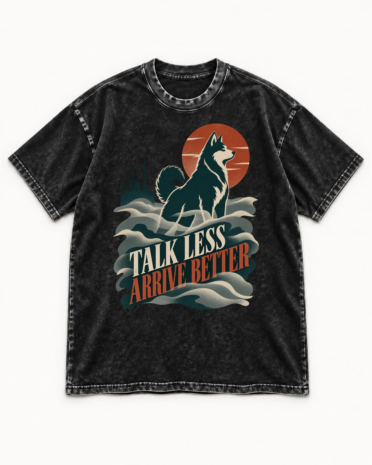 Husky Talk Less Arrive Better Harbor Wave Graphic Washed Tee in Black, flat lay product photo