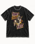 Frenchie Names Change Places Purple Poster Graphic Washed Tee in Black, flat lay product photo