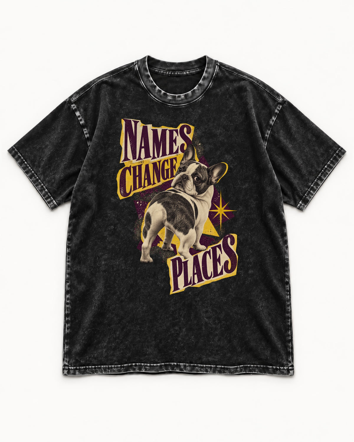 Frenchie Names Change Places Purple Poster Graphic Washed Tee in Black, flat lay product photo