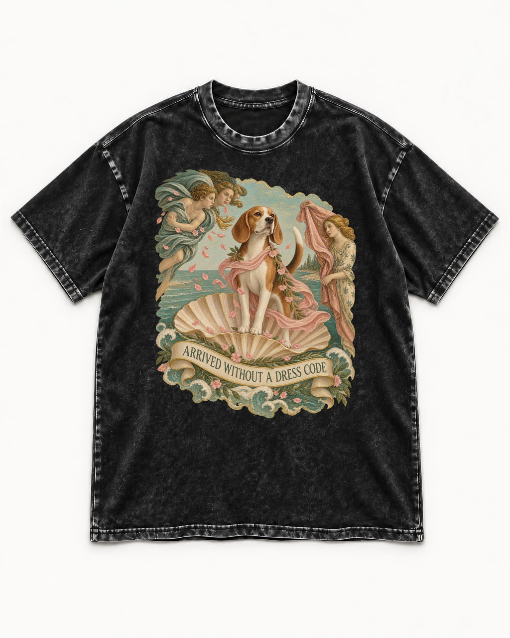 Beagle Arrived Without A Dress Code Washed Tee in Black, flat lay product photo